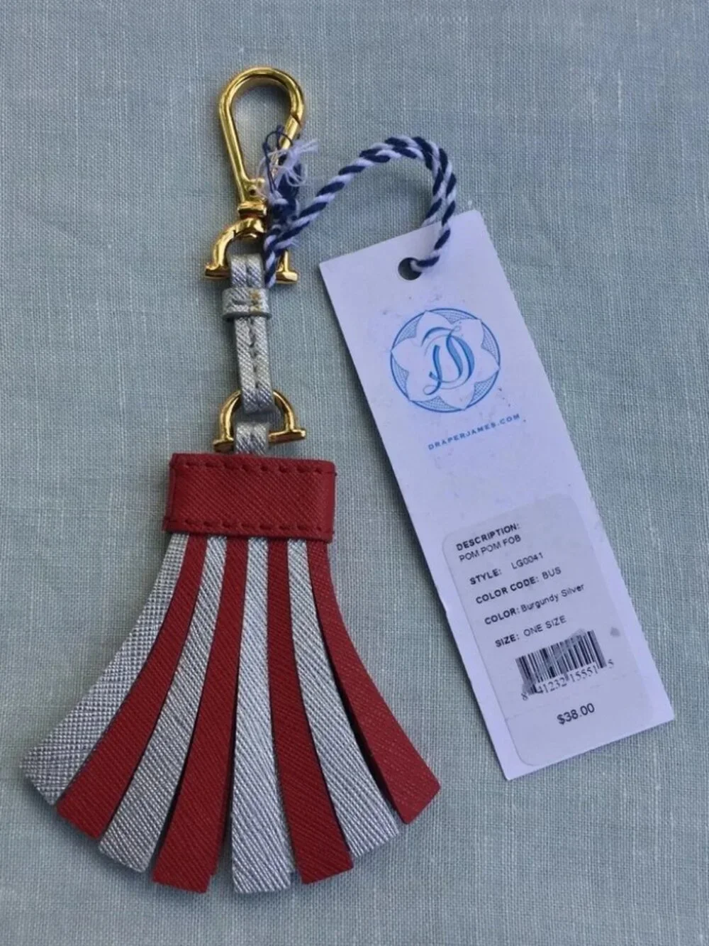 NWT Draper James silver & red leather pom pom key fob keychain